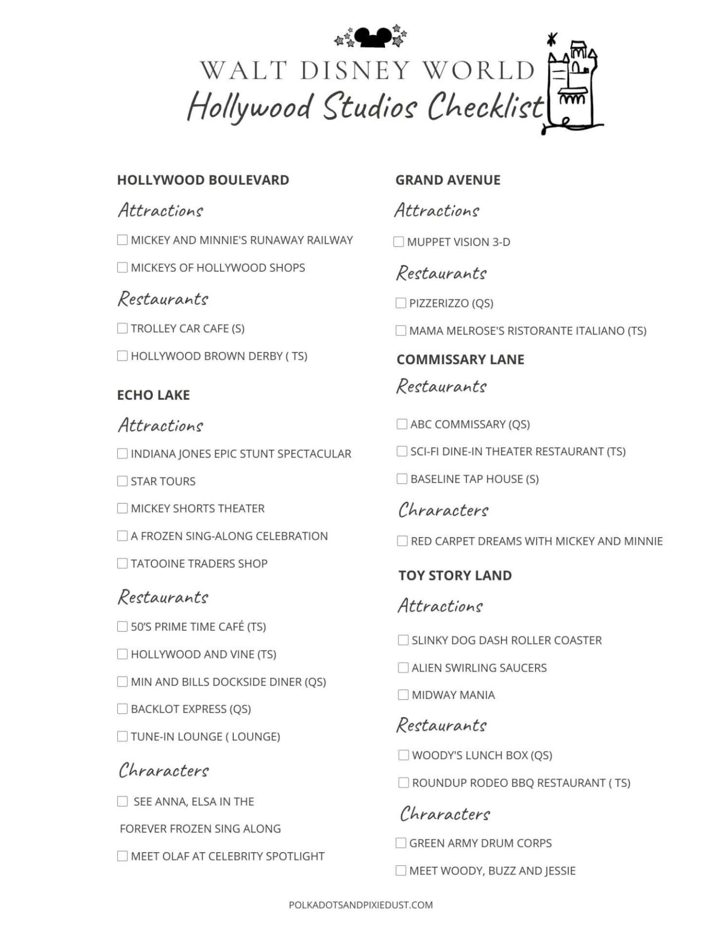 Hollywood Studios Checklist 