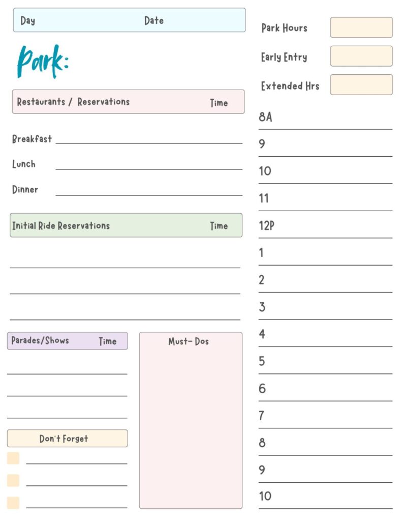 Park Day Itinerary Printable Sheet
