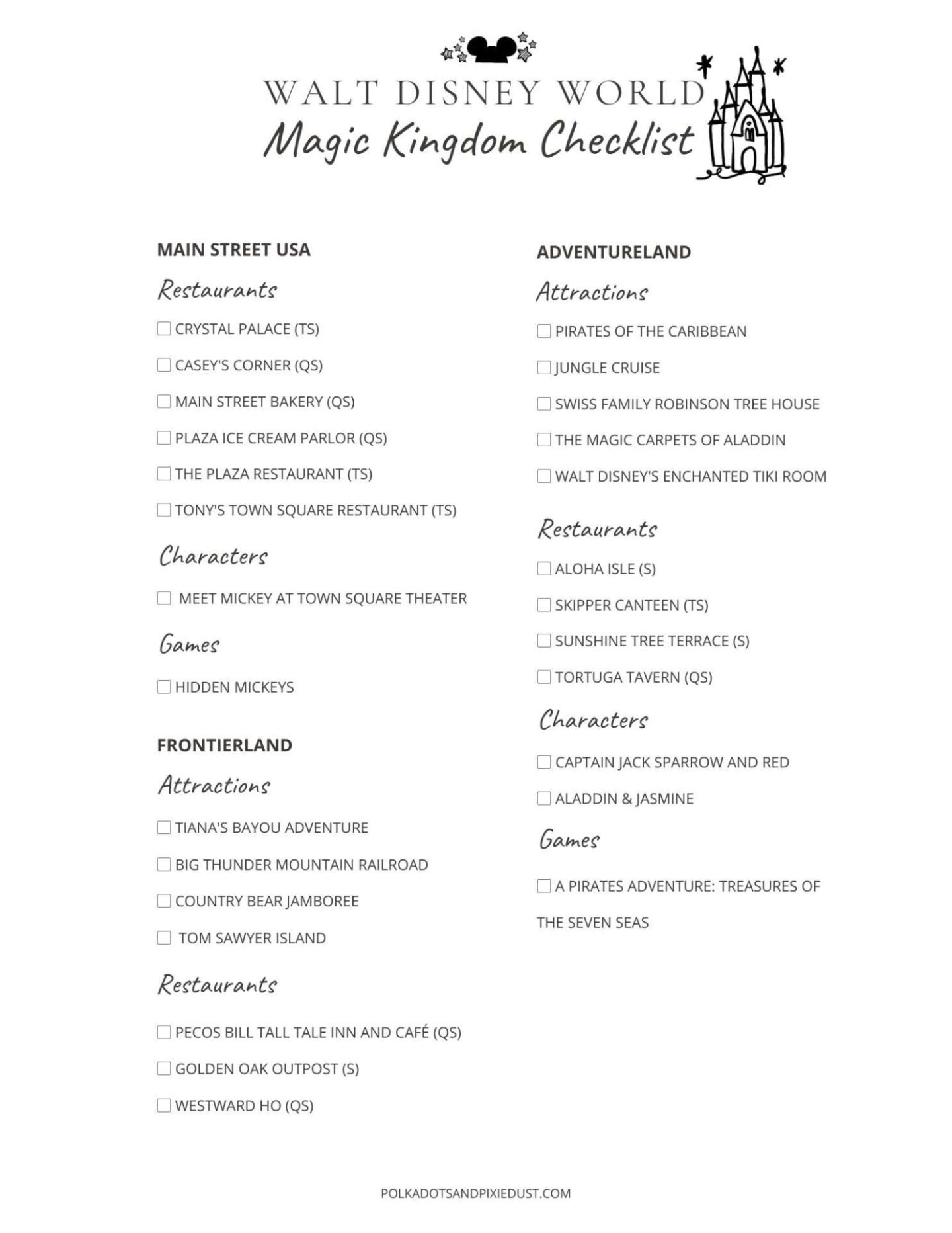 Magic Kingdom Checklist Disney World Printables