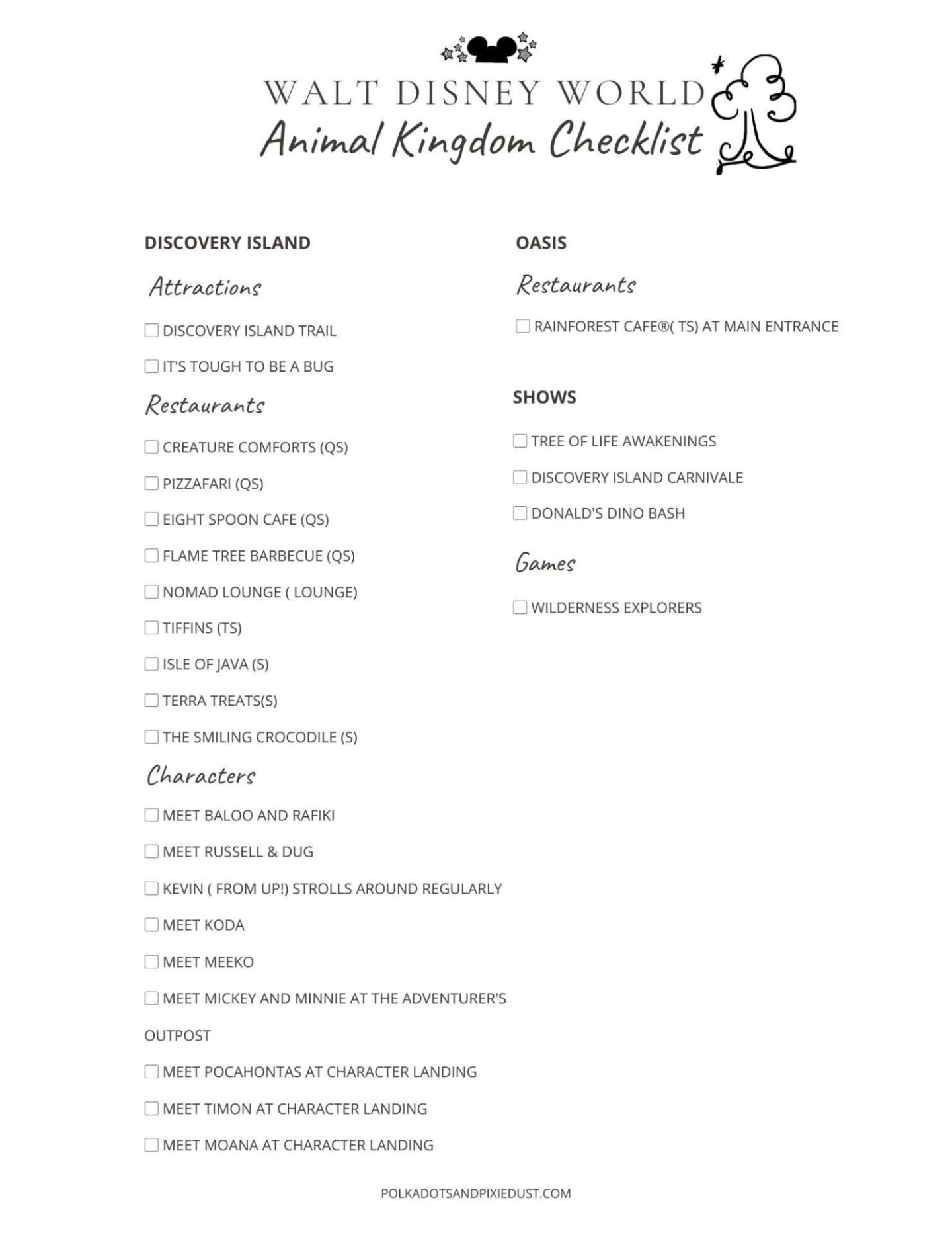 Animal Kingdom Checklist Disney World Printables