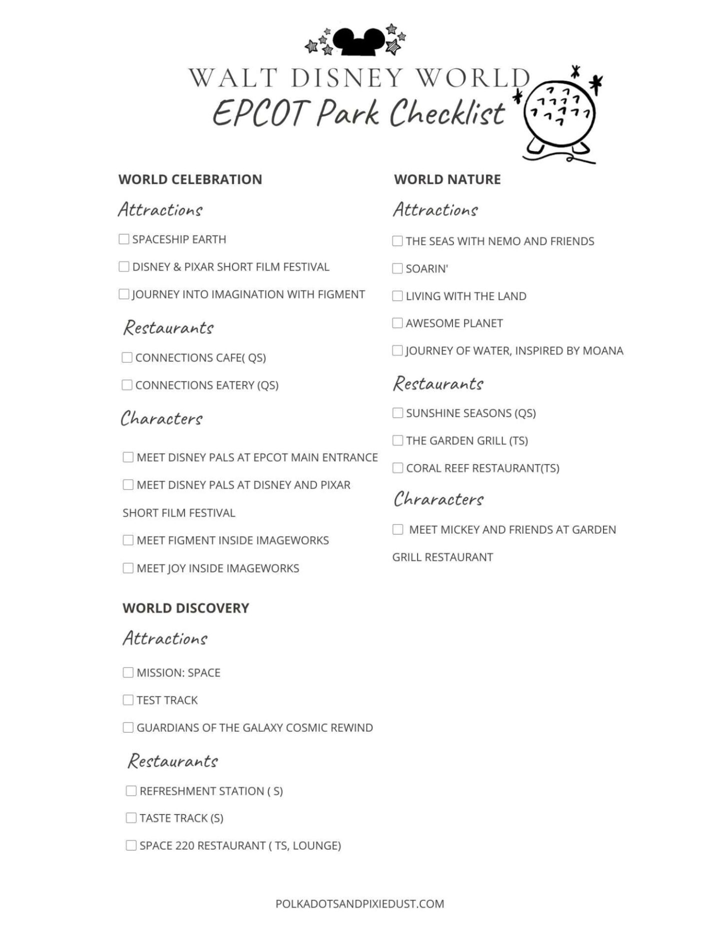 Epcot Park Checklist