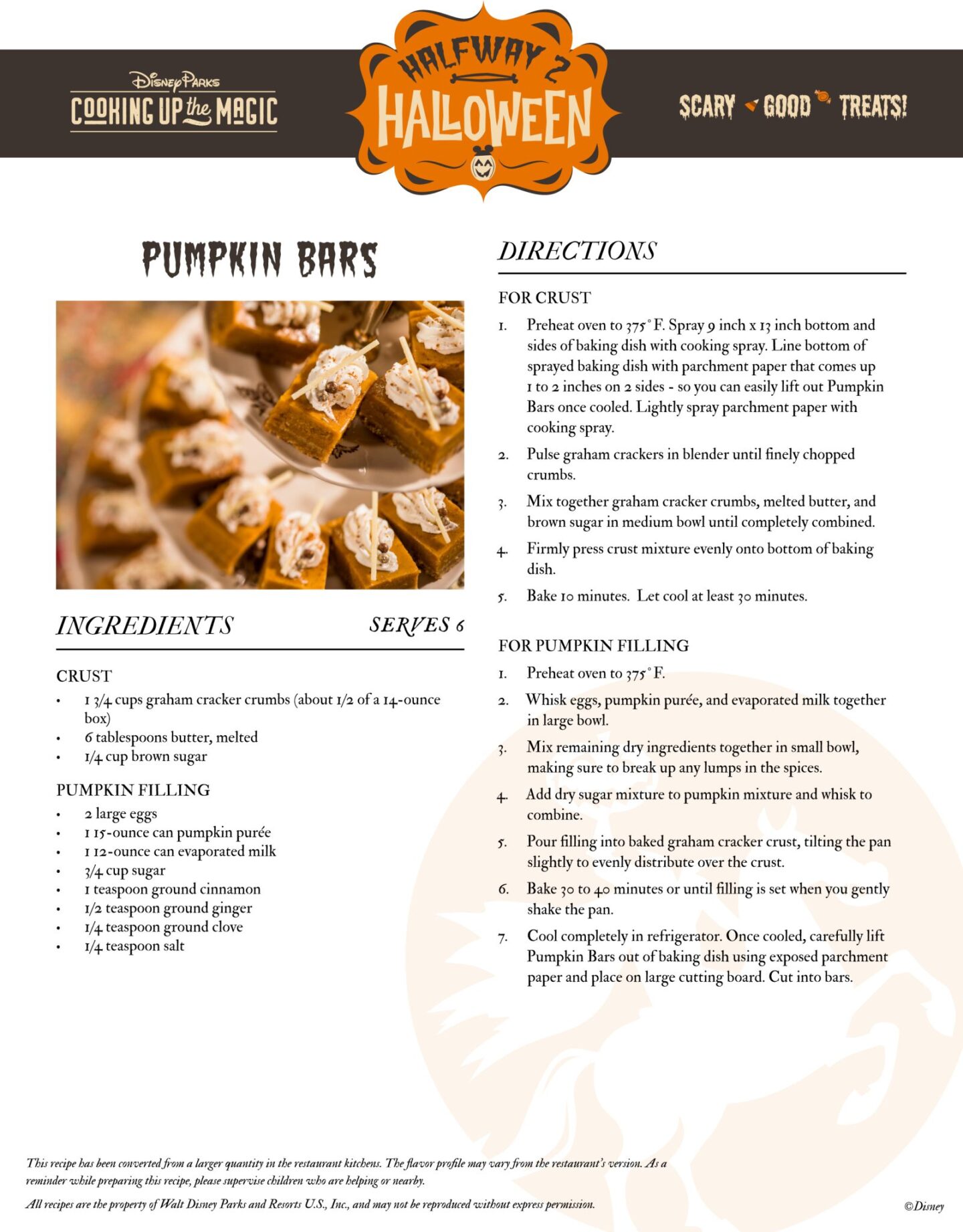 Pumpkin Bars Disney Recipes Halloween Printable