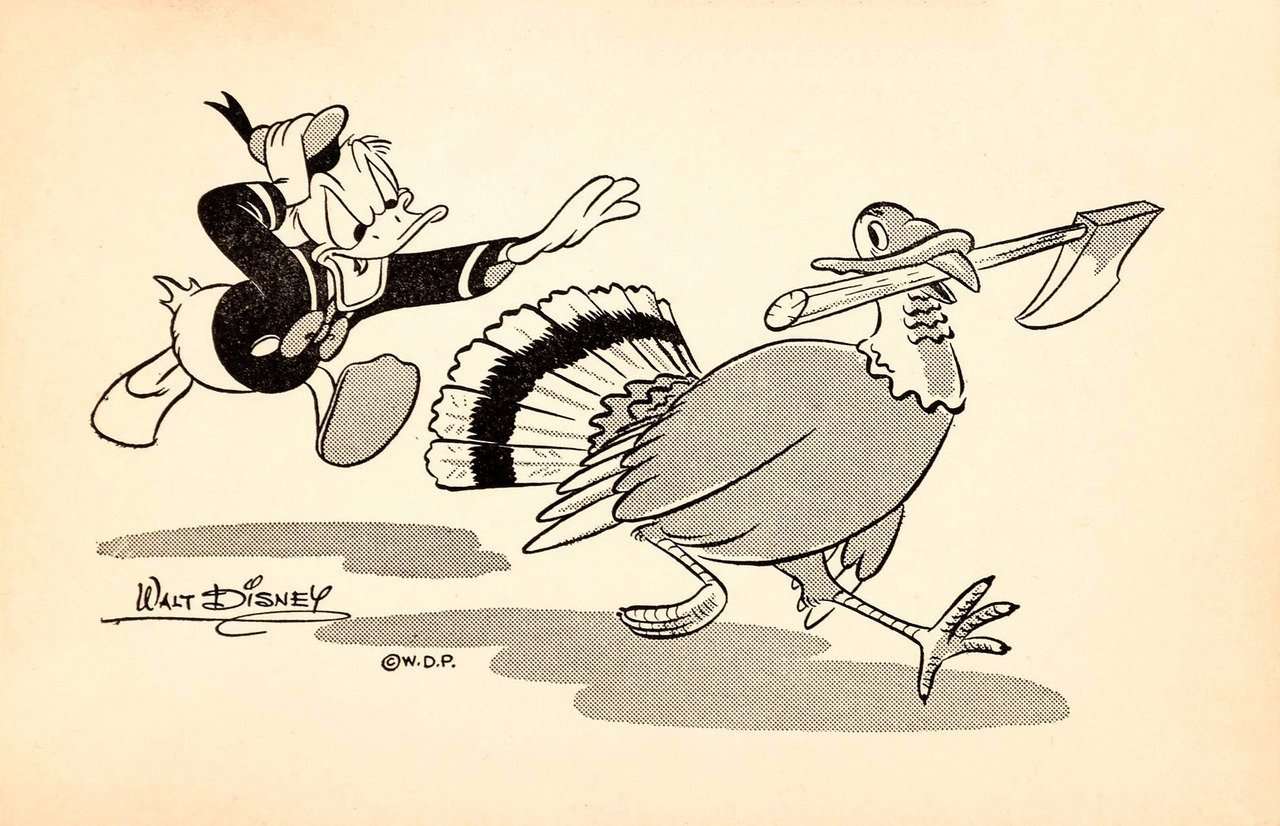 Donald Duck and Turkey Cartoon Illustration thanksgiving